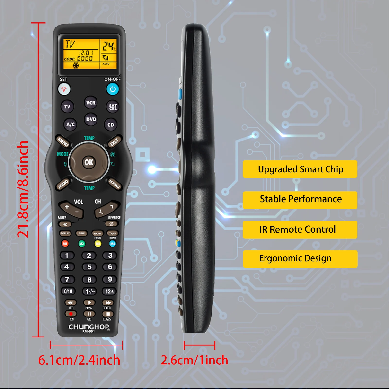6 في 1 RM-991 مجموعة رمز نسخ التعلم للتحكم عن بعد العالمي للتلفزيون/SAT/DVD/CBL/CD/AC/VCR مع إضاءة خلفية CHUNGHOP
