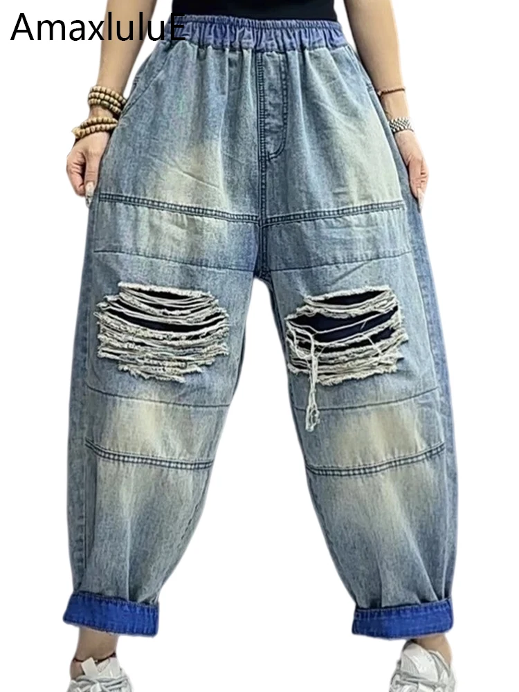 

Amax luluE Vintage 2025 Spring Females Holes Jeans Punk Leisure Classic Loose Denim Pants Harajuku Fashion Womens Harem Trousers