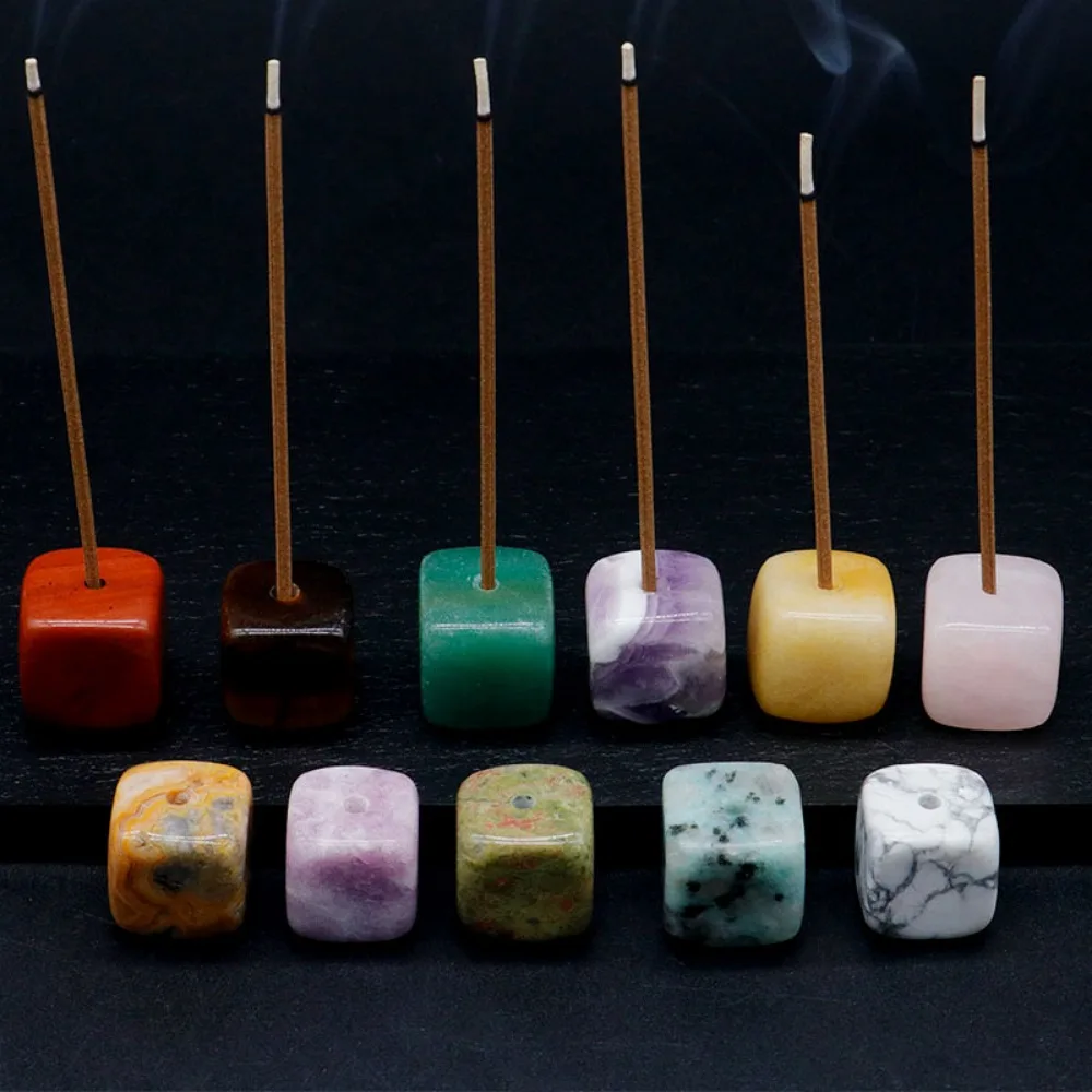 

20mm Square Agate Semi-finished Jewelry Pendant Thread Incense Base Crystal Aroma Natural Stone Incense Holder Small Decoration