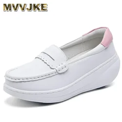 MVVJKEWhite Genuine Leather Platform Loafers Women Nurse Shoes Round Toe Slip-on Thick Flats Breathable Soft Cowhide Chunky Flat