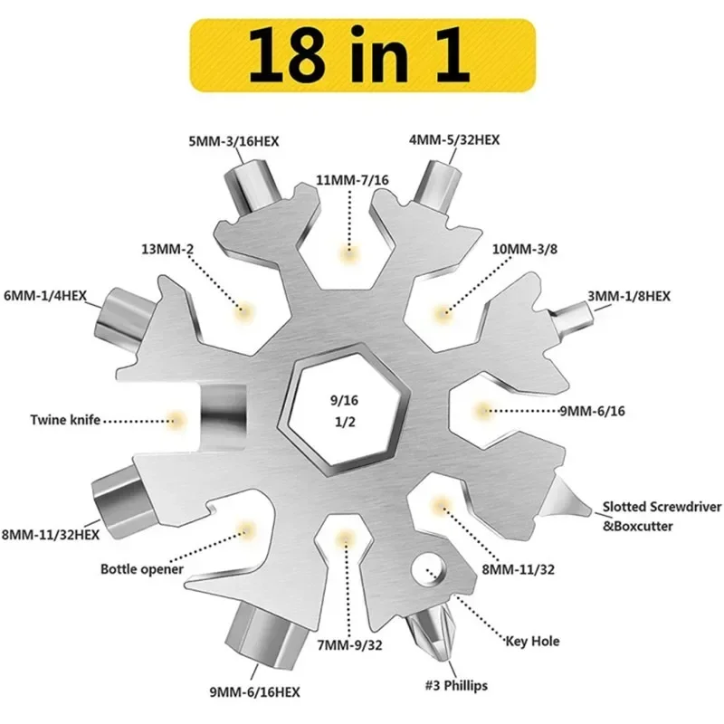 Multi-function Octagonal Snowflake Wrench EDC Portable Mini Stainless Steel Multi-tool with Bottle Opener Wrench Screwdriver Set