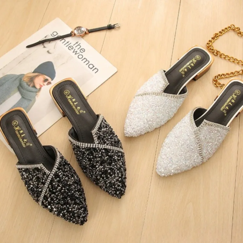 

Womens Shoes Exquisite Bling Pointed Tip Muller Slippers for Woman Fashion Vacation Casual Shoes Designer Shoes Zapatos De Mujer