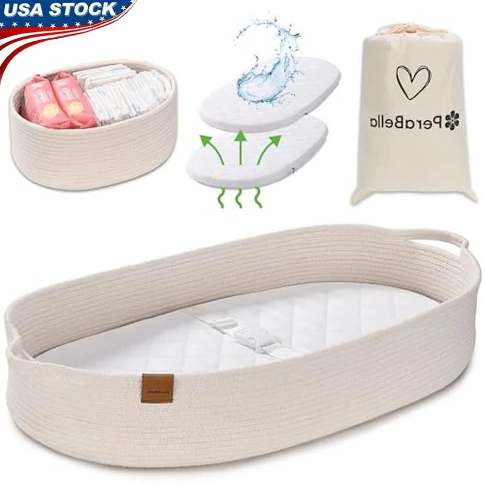 Baby Changing Basket Dresser Top Unisex Moses Babies Cotton Rope Foam Diaper Pad Waterproof Security Belt Lightweight Durable