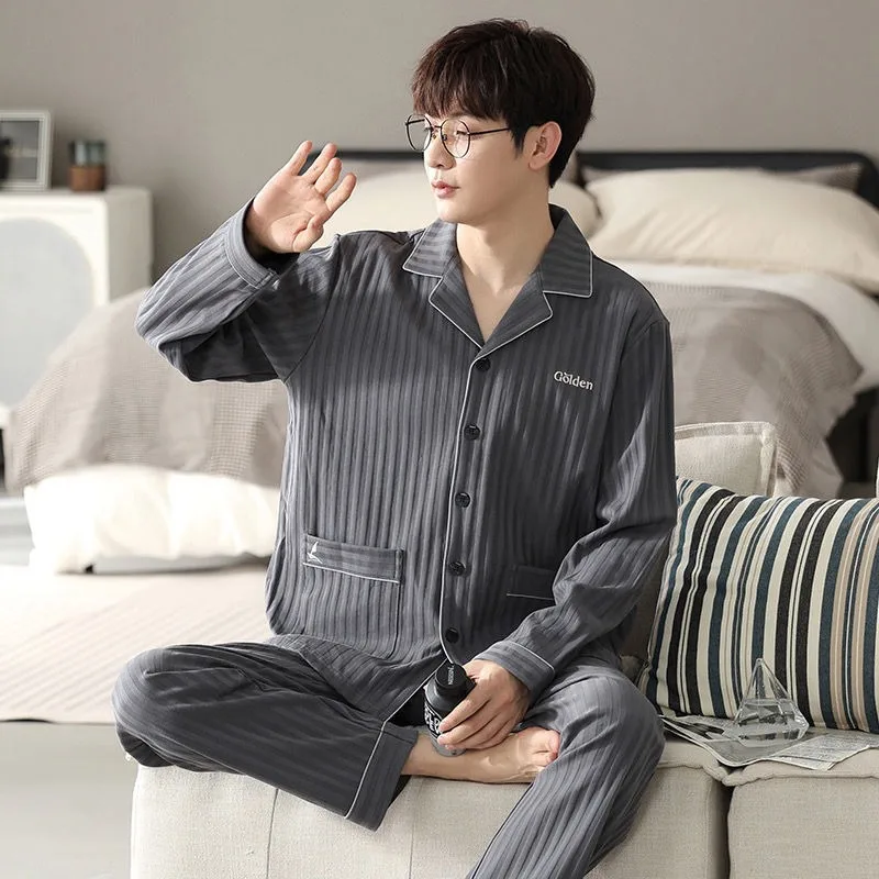 2024 Casual Loose Spring Autumn Cotton Sleepwear Suit Men New Fashion Pajamas Cardigan Long Sleeve Korean Loungewear Set Pyjiama