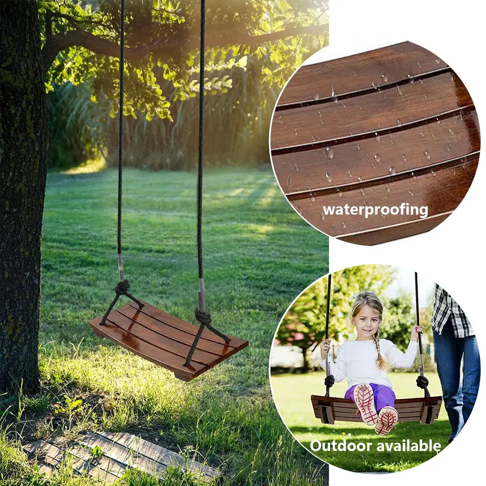 Solid Wood Swing One Seat Simple Swing Adjustable Rope Length Wooden Swing Seat Outdoor Rope Swing for Kids Adults
