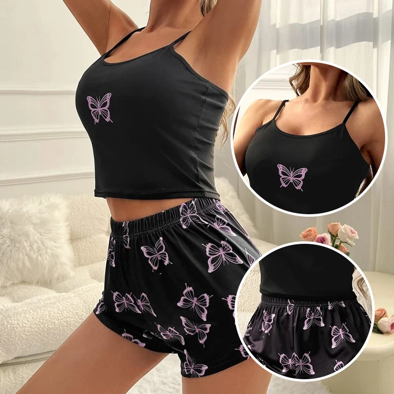 Two Piece Summer Camisole Sexy Pajama Set Women\'s Printed Butterfly Sleeveless Top Elastic Waist Shorts Casual Sexy Home Pajamas