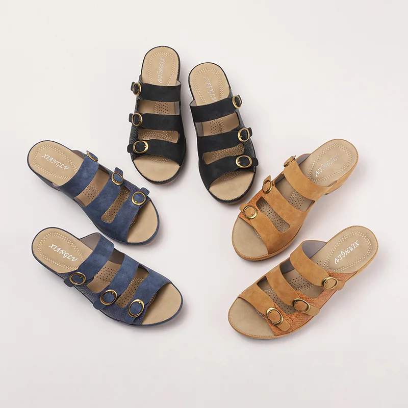 Shoes Woman 2025 Slippers Heels Rivet Female Mule Med Cover Toe Square heel High Mules Soft Block Casual  Slides Rubber PU Leisu