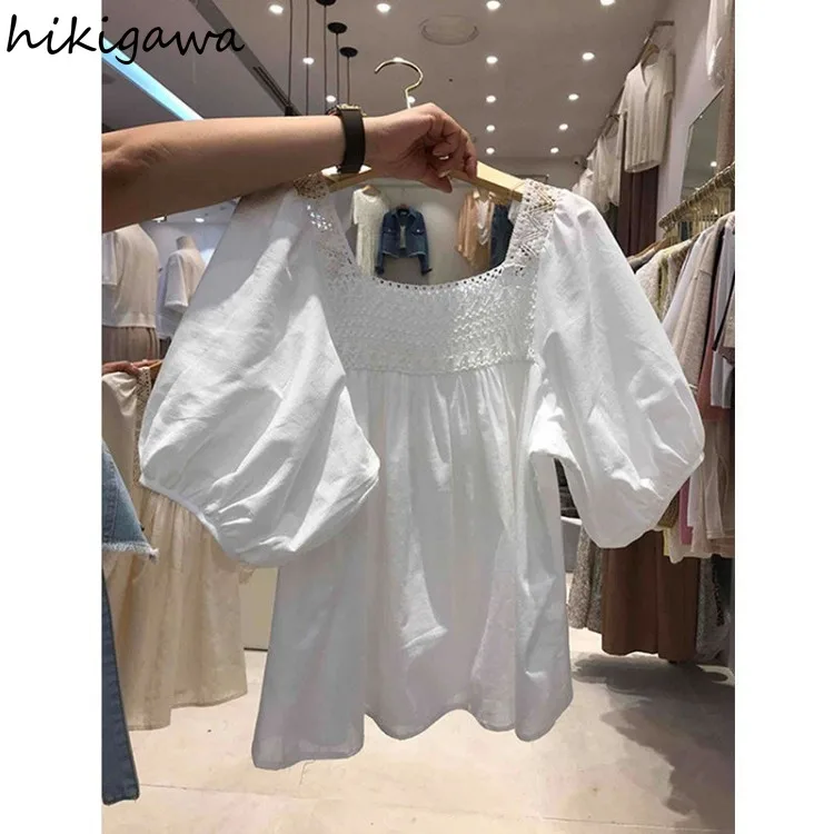 Cotton Summer Blouse for Women Square Collar Short Sleeve Loose Shirts 2024 Blusas Mujer De Moda Korean Vintage Blouses Tops