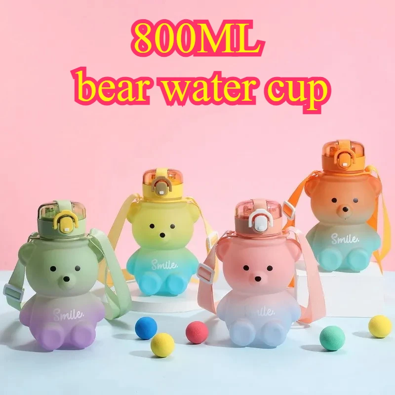 Bear Water Bottle 800ml Cute Kawaii Teddy Bear Water Bottle with Straw & Strap Leak-Proof Drinking Cup Gift for Kids & Girls