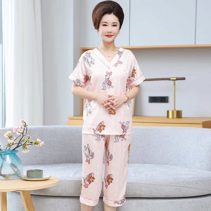 

Комплект женской пижамы из шелкового атласа больших размеров (M-4XL): сексуальный комплект с коротким рукавом и брюками до икр