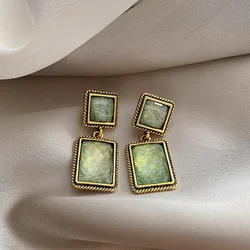 French Vintage Geometric Earrings Women Korean Style  Statement Drop Earrings Dangle Acrylic Green Gem Jewelry Japan