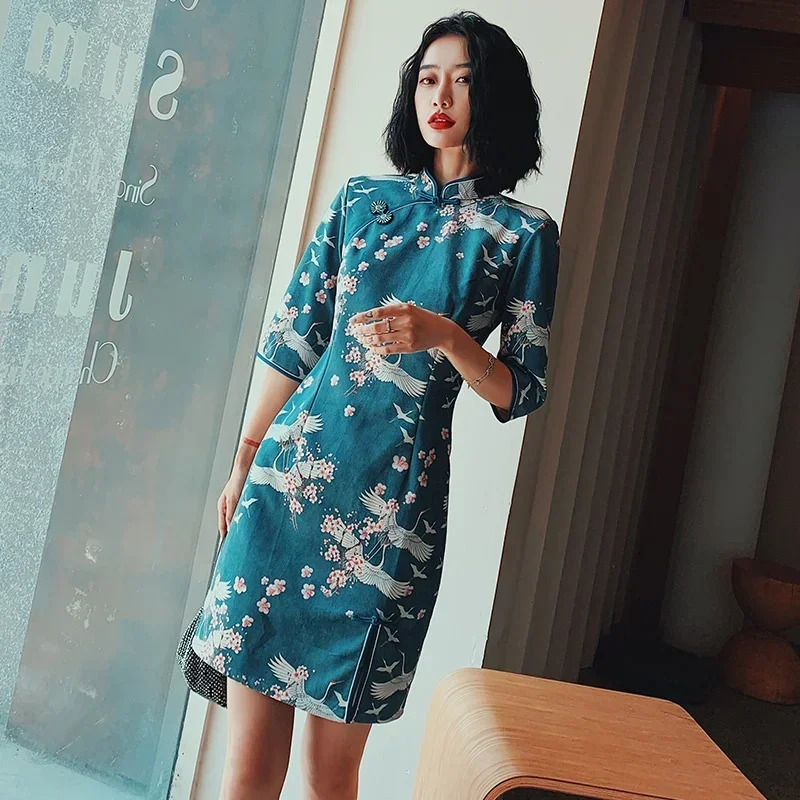 شيونغسام تشيباو كرين طباعة الصينية التقليدية الخريف الآسيوية الشارع الشهير تحسين فستان شرقي 11636 MN1