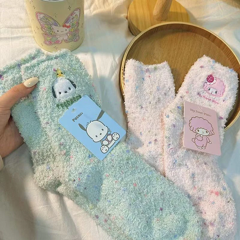 Kawaii Cute Sanrio Kuromi Mymelody Cinnamoroll Winter Coral Fleece Mid Tube Socks Floor Socks Keep Warm Sleeping Stockings