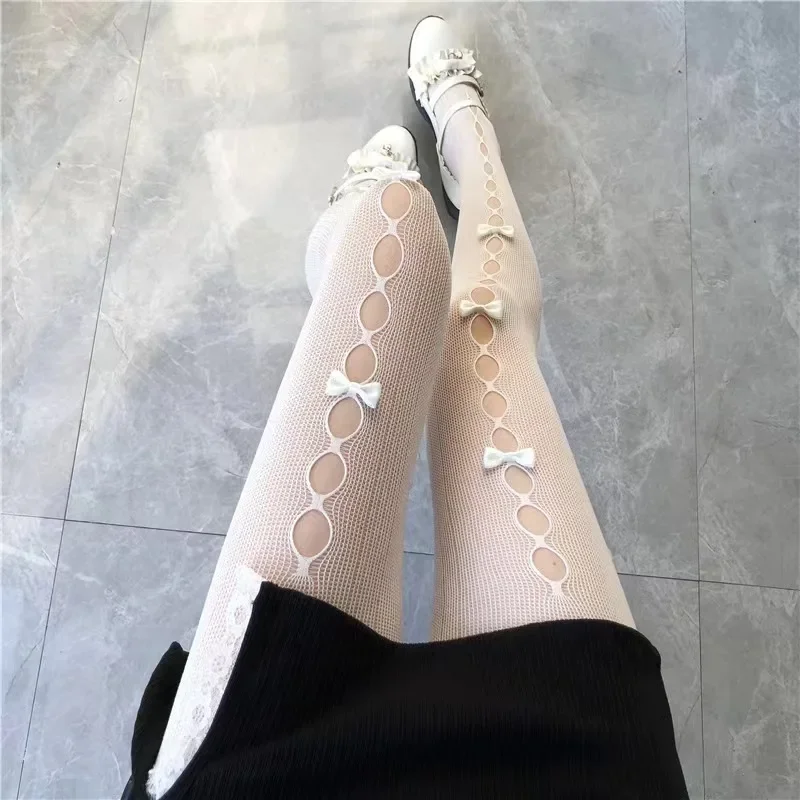 Cute Multiple Bow Ties Pantyhose Young Girl Lolita Cosplay Leggings White Nylon Hollow Out fishnet Stockings Tights for Girls