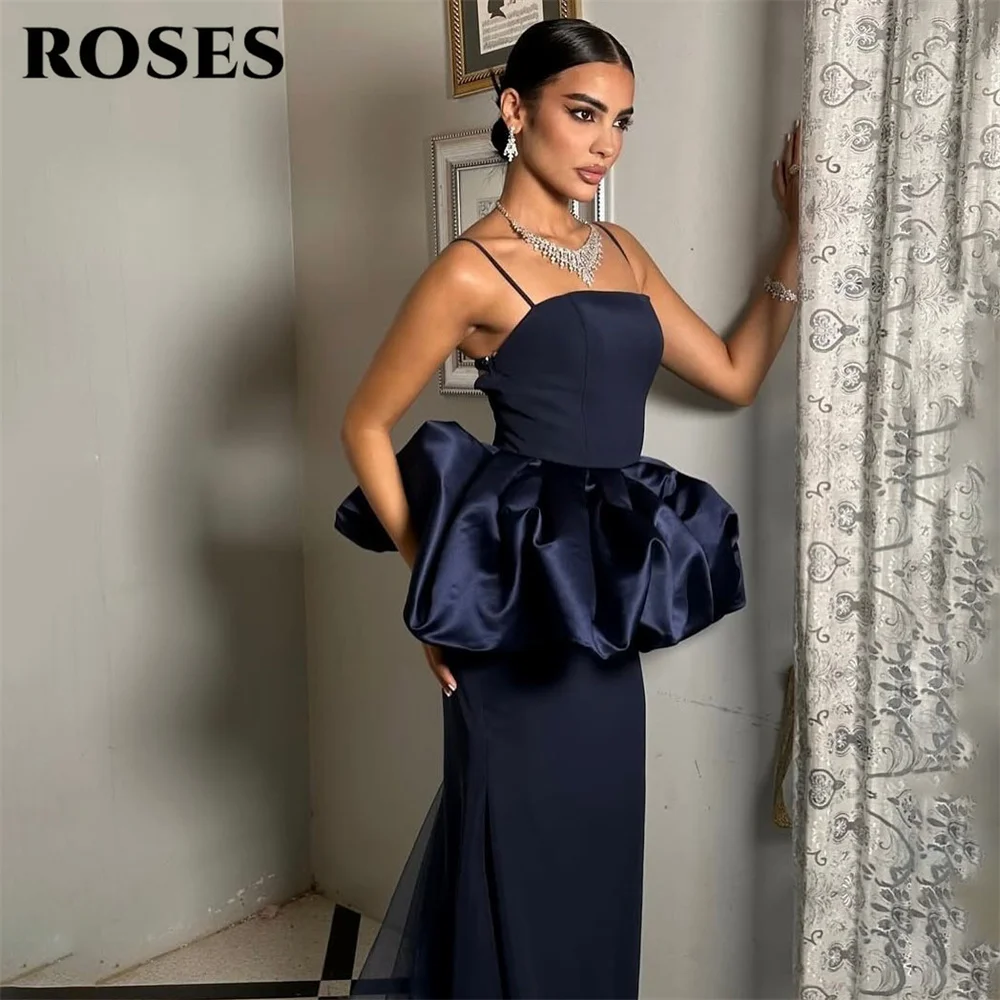 

ROSES Navy Blue Evening Gown Spaghetti Strap Prom Dress Open Back Wedding Flowing Evening Dress Satin robes de soirée Customized