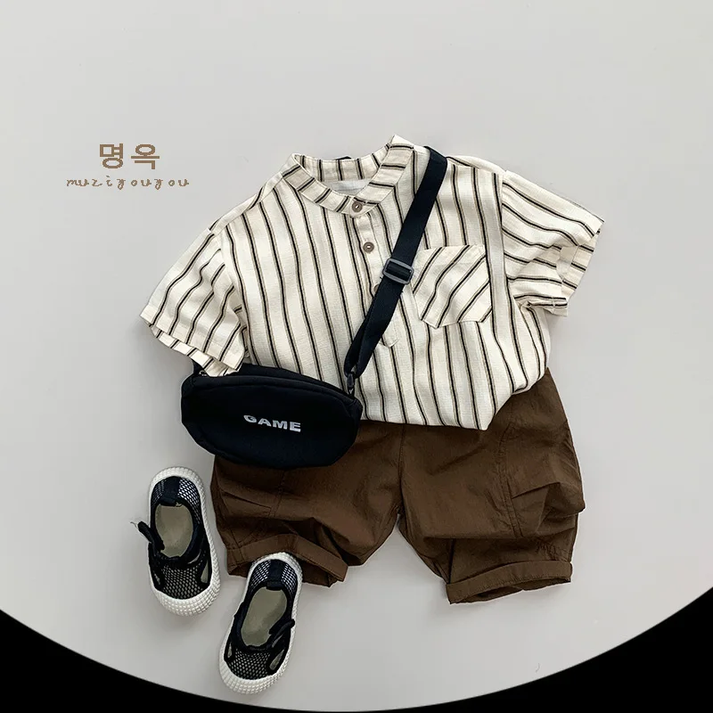 Summer Children Shirts 1-8Y Boys Cotton Striped Pocket Casual Short Sleeve Shirt Tops Korean Toddler Wear Kids Clothing 2024 New