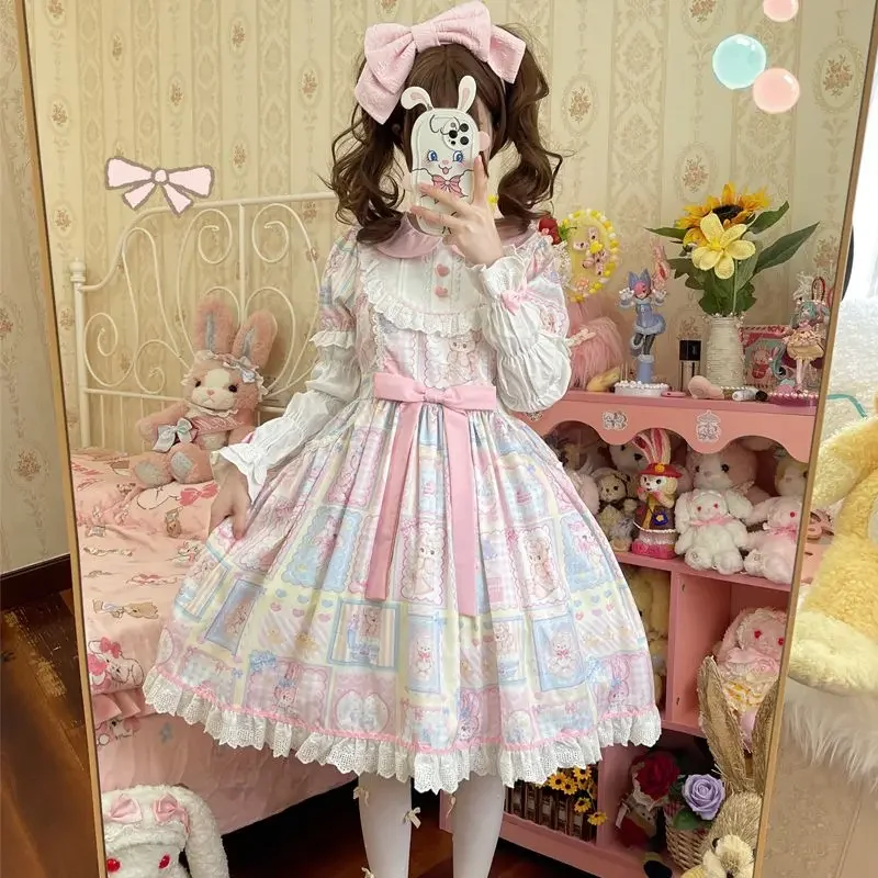 

Kawaii Sweetheart Lolita OP Dress Autumn Girls Cute Lace Bow Cartoon Bunny Tea Party Dresses Women Japanses Lovely Chic Vestidos