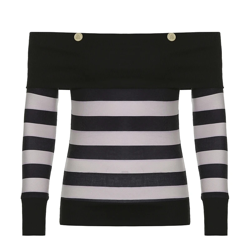 Women Casual Knitted Tops Boat Neck Long Sleeve Striped Pullover for Spring Autumn Y2k Aesthetic Off Shoulder Slim Tops