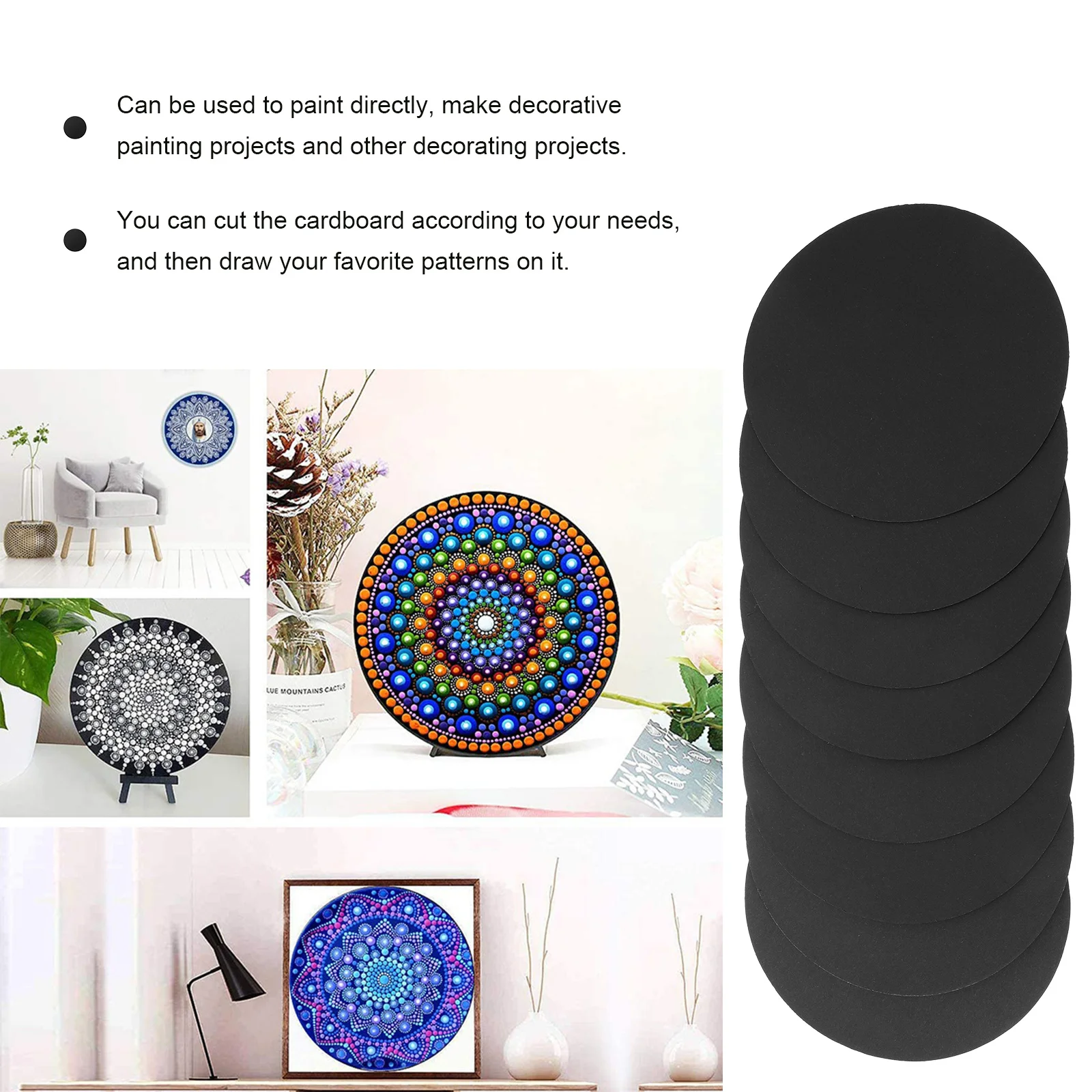 8Pcs Mandala Round Black Cardboard Sheets Art Painting DIY Decorative Mandala Drawing Panels Craft Paperboard DIY Cardboard