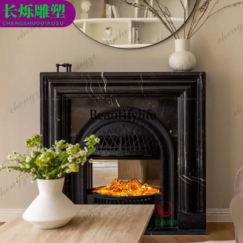 CC85 Marble fireplace black and white roots natural stone modern fireplace living room American mantel