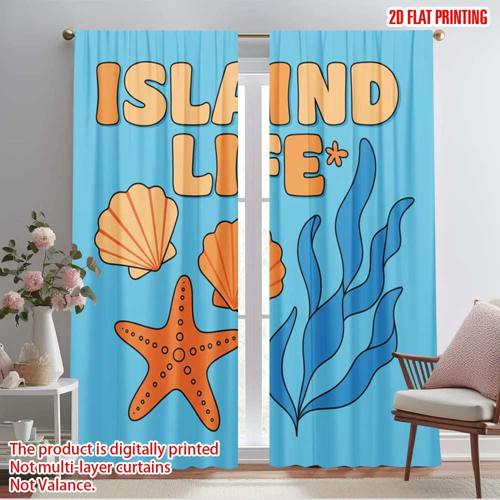 

2pcs 2D flat printing Window Curtains Island Life Seashell Starfish 100% Polyester Without Electricity Holiday Decorations