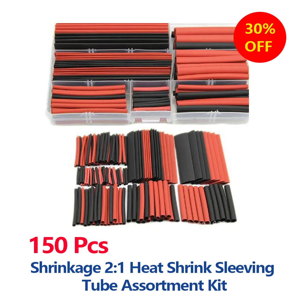 150pcs heat shrink tube Shrink wrapping Insulation Sleeving Polyolefin 2:1 Shrinking Assorted Wire Cable kit Red/Black with box