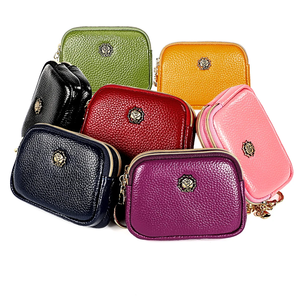 

Women Cowhide Double Zipper Portable Wallets Bag Bee Card Hoder Lipstick Case Leather Mini Earphone Coin Purse for Female