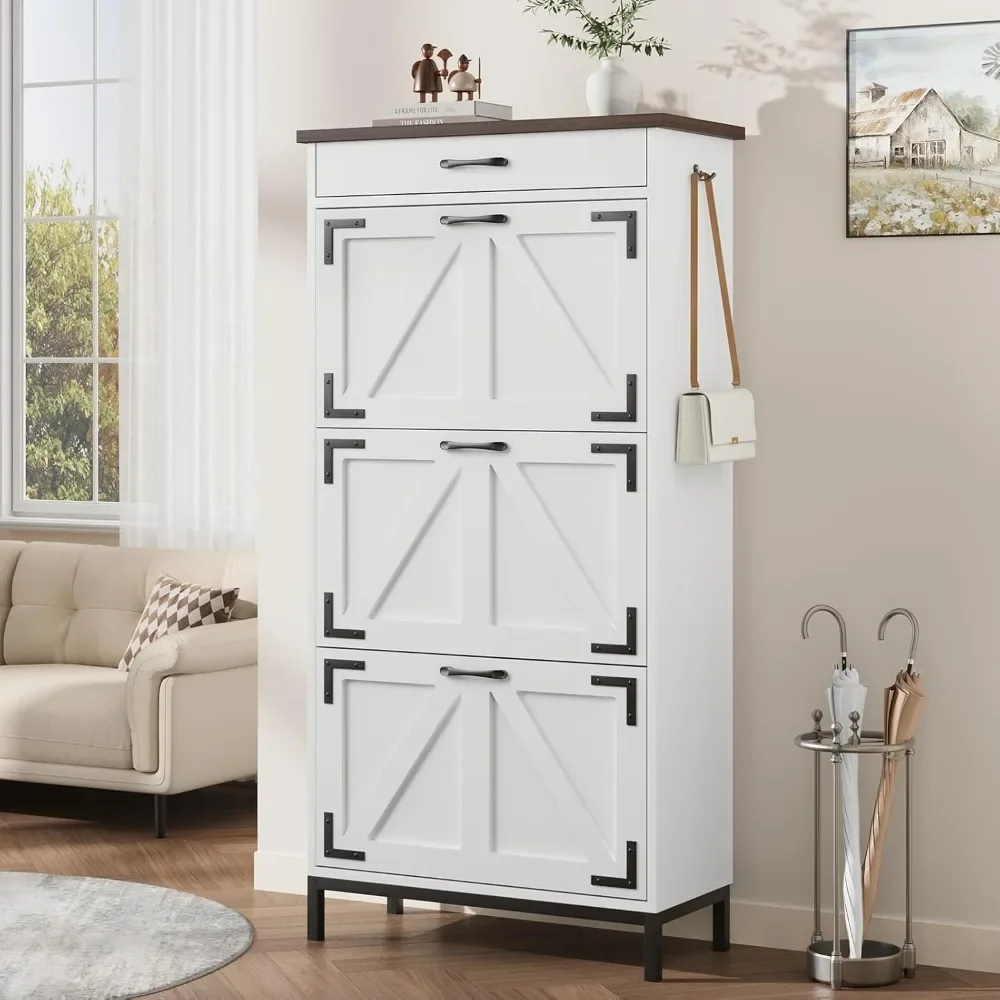 

Shoe Cabinet Storage for Entryway, Freestanding Organizer with 3 Flip Drawers, Narrow Shoe Rack Cabinet for Living Room