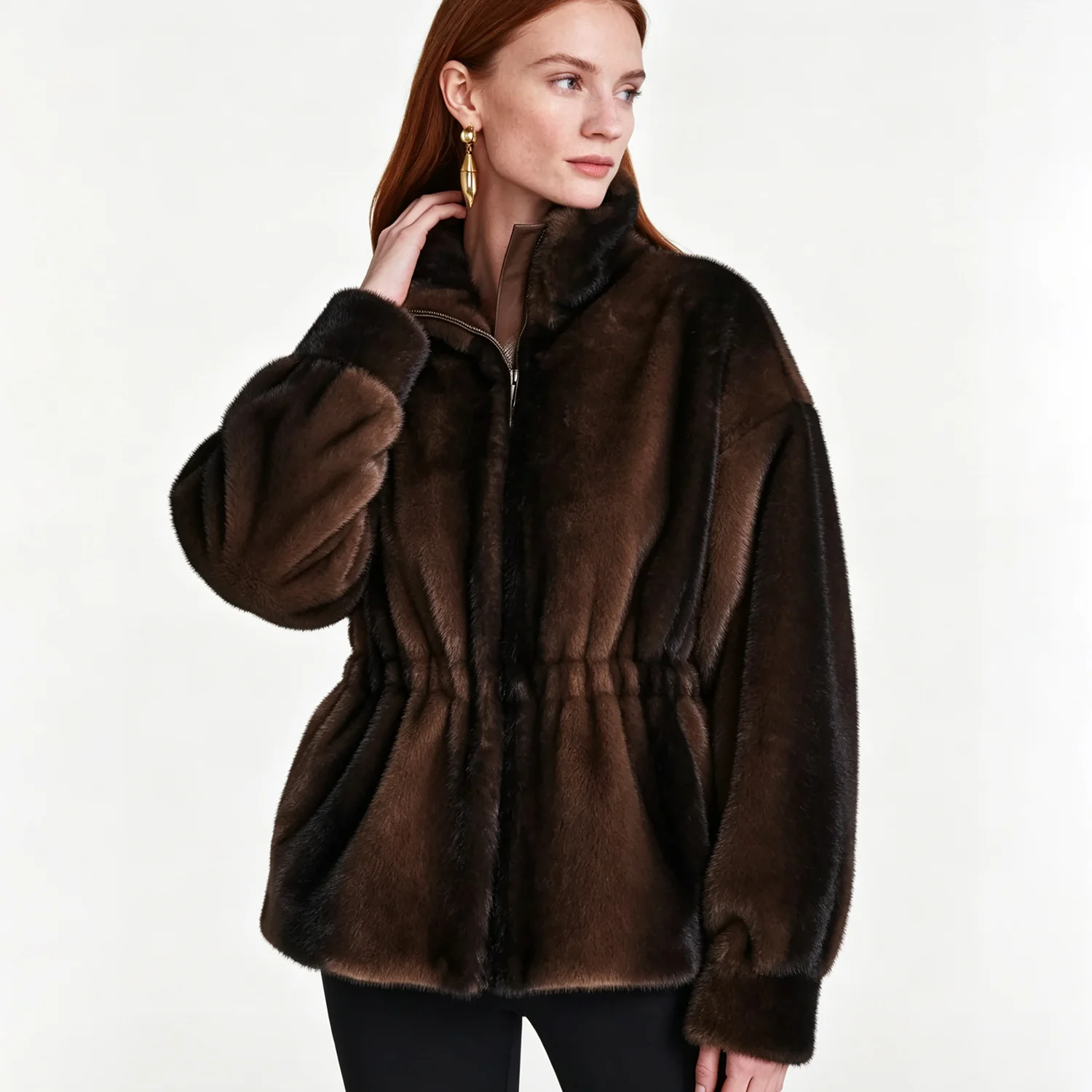 PUAL  Women Faux Mink Fur Jacket Stand Collar Zip Up Drawstring Waist Warm Loose Winter Fashion Plush Outerwear Coat
