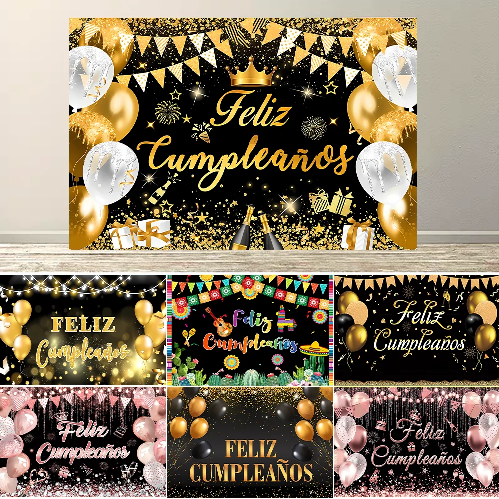 

Black Gold Feliz cumpleaños Backdrops Birthday Gold Glitter Balloon Party Decor Spanish Kids Baby Shower Adult Anniversary Age