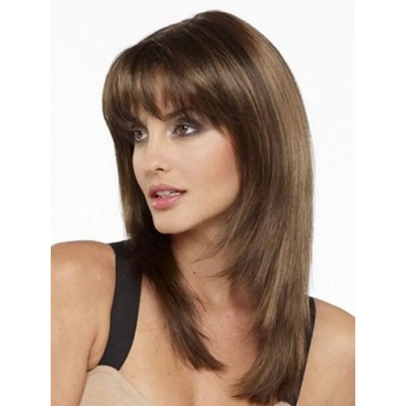 

100% Human Hair New Fashion Natural Light Brown Straight Women's Full Wigs 24 In