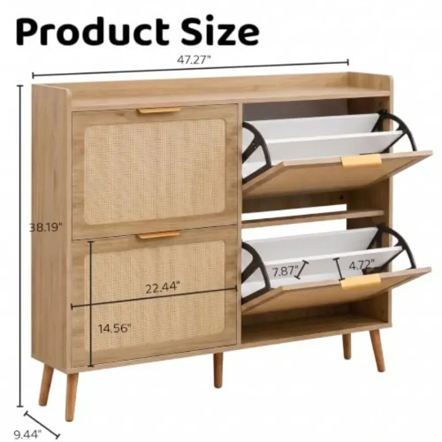 Slim shoe storage cabinet for entryway use, engineered wood in white, space-saving flip drawer design