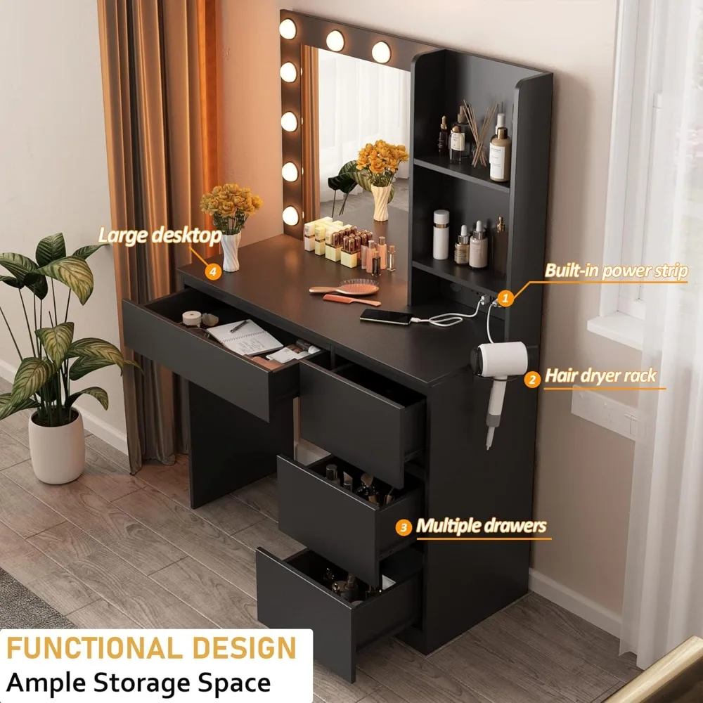 

Makeup Vanity with Lights, 37inch Vanity Desk with Power Strip, 4 Drawers Makeup Table with Lighted Mirror, Customized