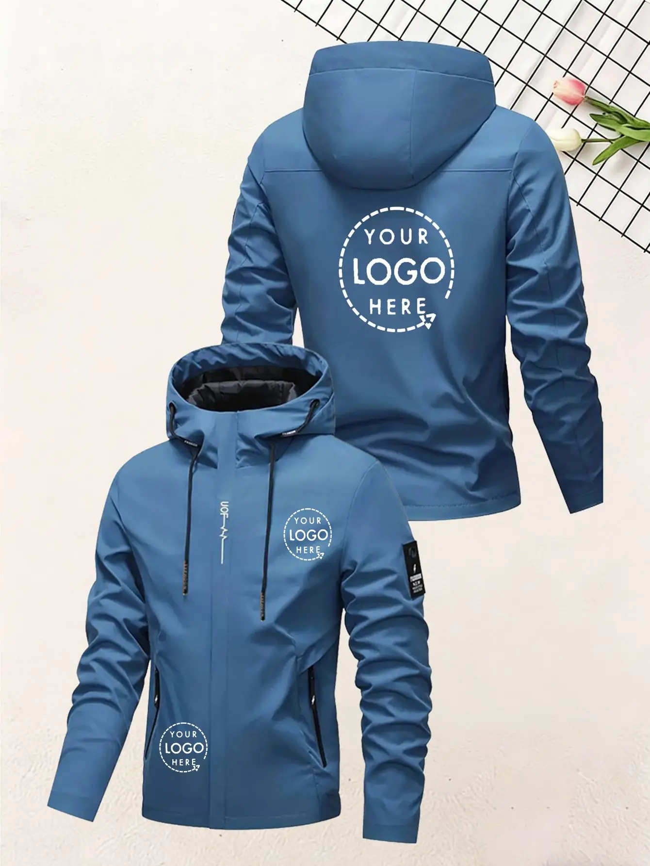 Casual men's hooded zipper jacket, a simple and versatile coat. Featuring an uploaded logo/text/image to create a unique design
