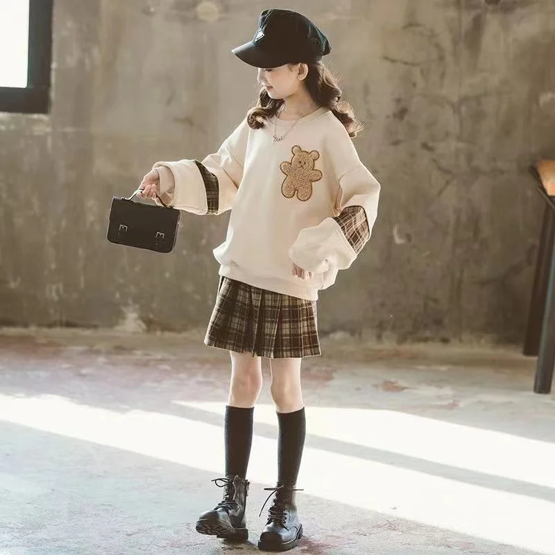 2024 Autumn Winter Girls Clothes Teenager Bear Hoodie T shirt + Plaid Spring JK Pleated Skirt Uniform 4 5 6 7 8 9 10 11 12 Year