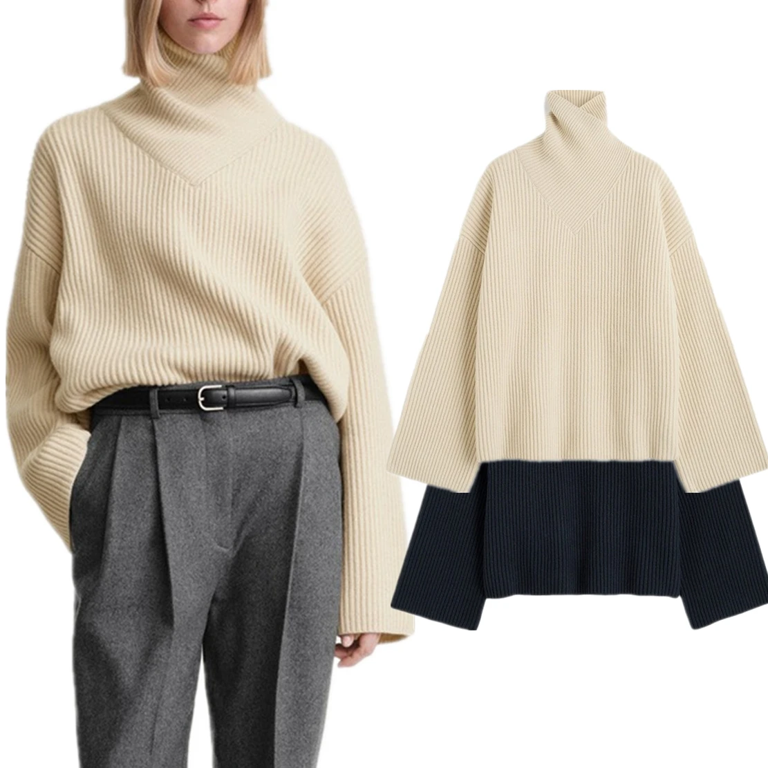 

Maxdutti Nordic Minimalist Elegant Retro Loose Knitwear Winter Sweater Pullovers Solid Color Crossover Turtleneck Wool Sweater