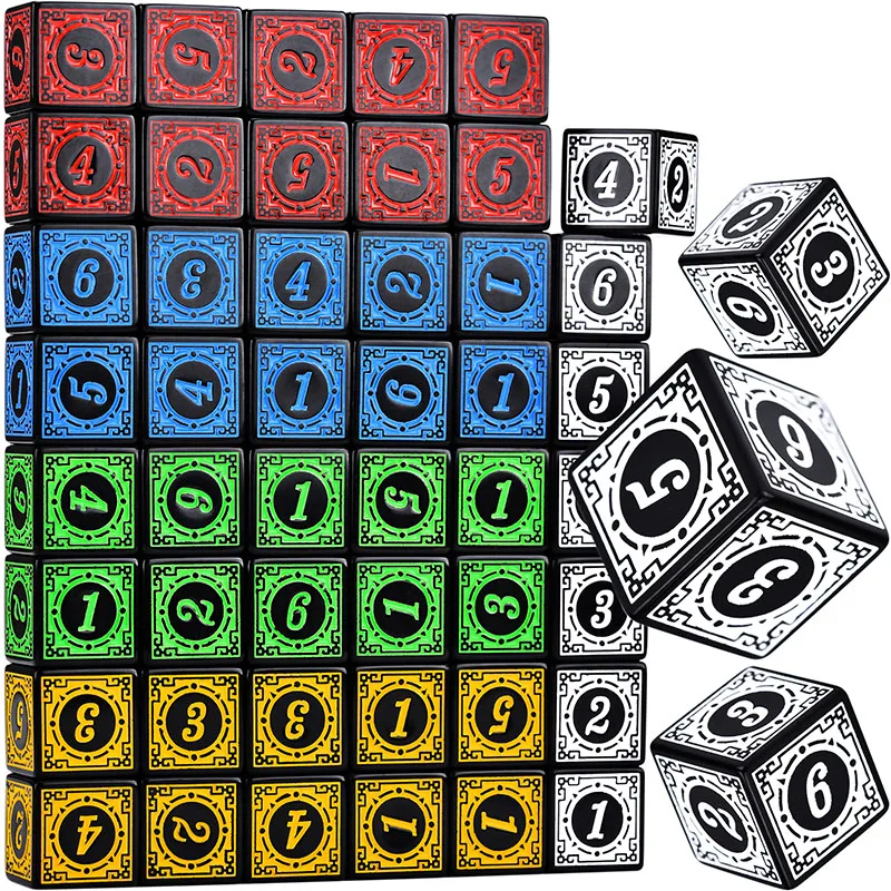 50PCS/Set Acrylic Dice Set D6 Carved Pattern Polyhedron Dice 6-sides Game Dice for RPG Dungeons and Dragons Board Game