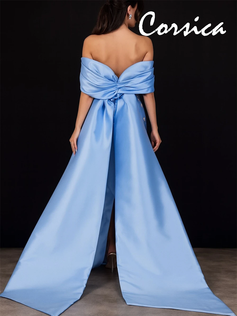Customized Luxury Blue Satin Evening Dress Classic Off the Shoulder Homecoming Dresses Temperament Special Occasion Gowns