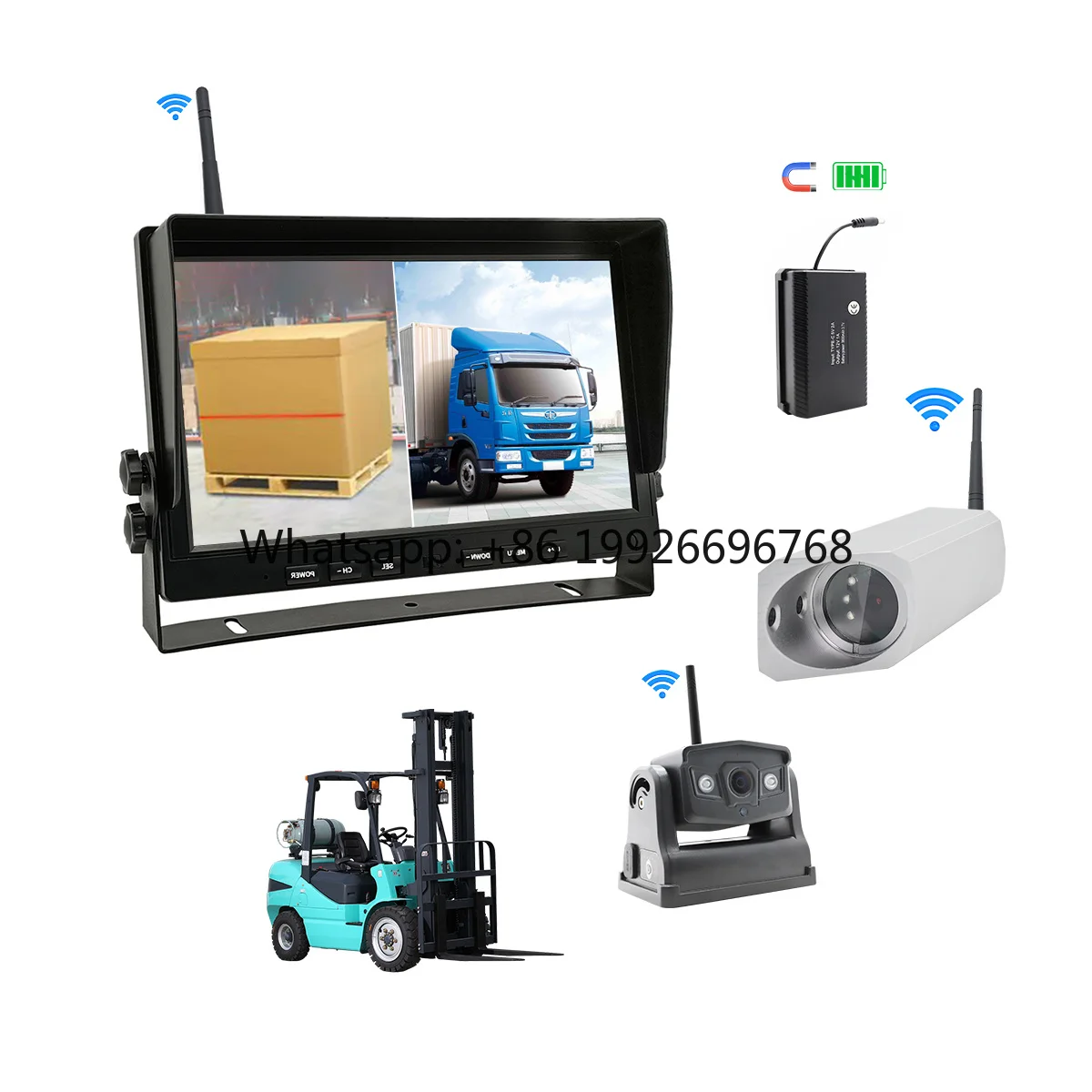 YWX 10.1inch Wireless Forklift Camera Kit Long Transmission Range 300m with Wireless Monitor Battery Pack