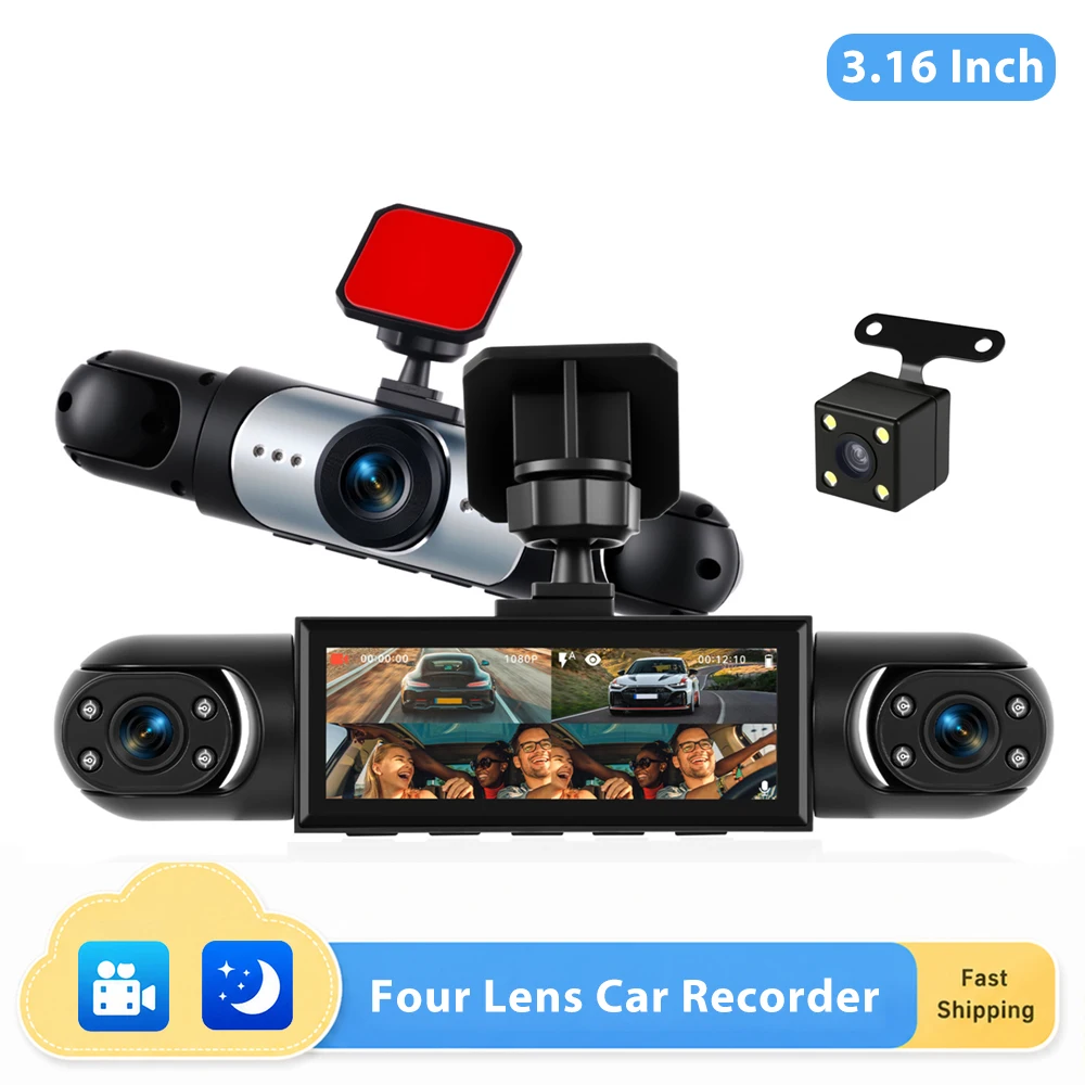Podofo Auto-Dashcam mit Nachtsicht, Parküberwachung, Fahrrekorder, Bewegungserkennung, Loop-Aufnahme und 480P Kameras für Innenraum links, Innenraum rechts und Rückansicht zur Einparkhilfe