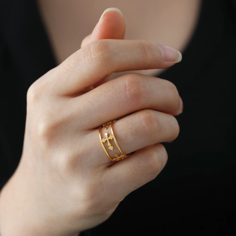 COOLTIME Fashion Cross Ring for Women Stainless Steel Hip Hop Religious Christian Engagement Couple Rings Jewelry Gift
