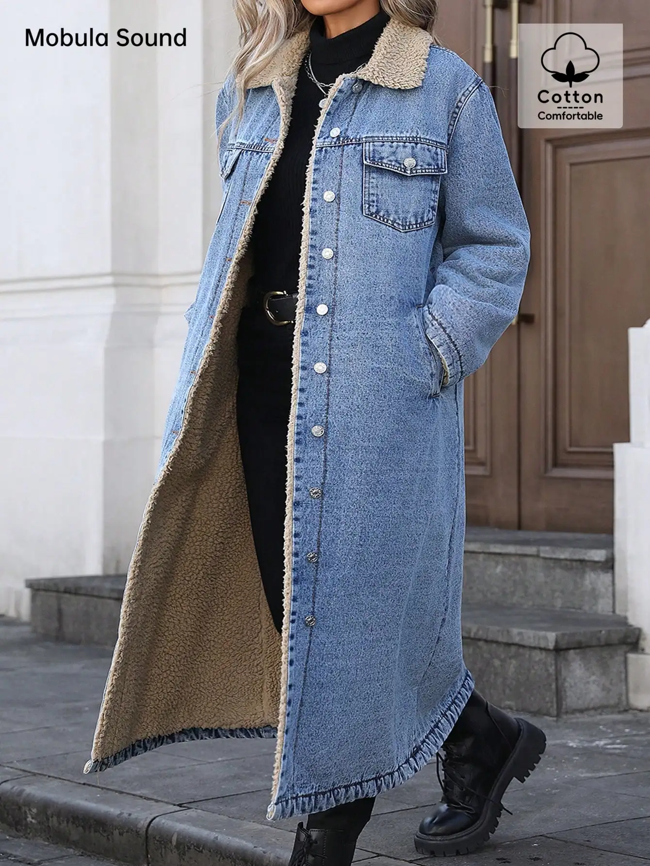 Veste en jean Y2K pour femmes grandes tailles avec doublure en fausse fourrure, style long pour un usage décontracté et hivernal