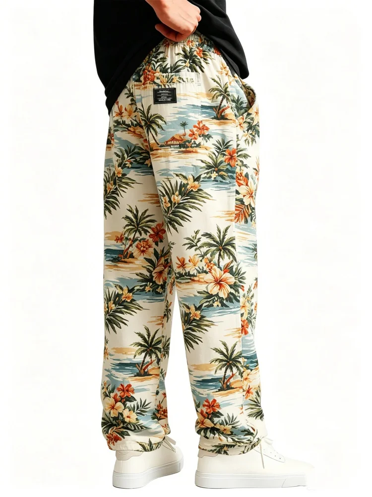 Men's Drawstring Waist Corduroy Pants Tropical Floral Print Loose Straight Trousers