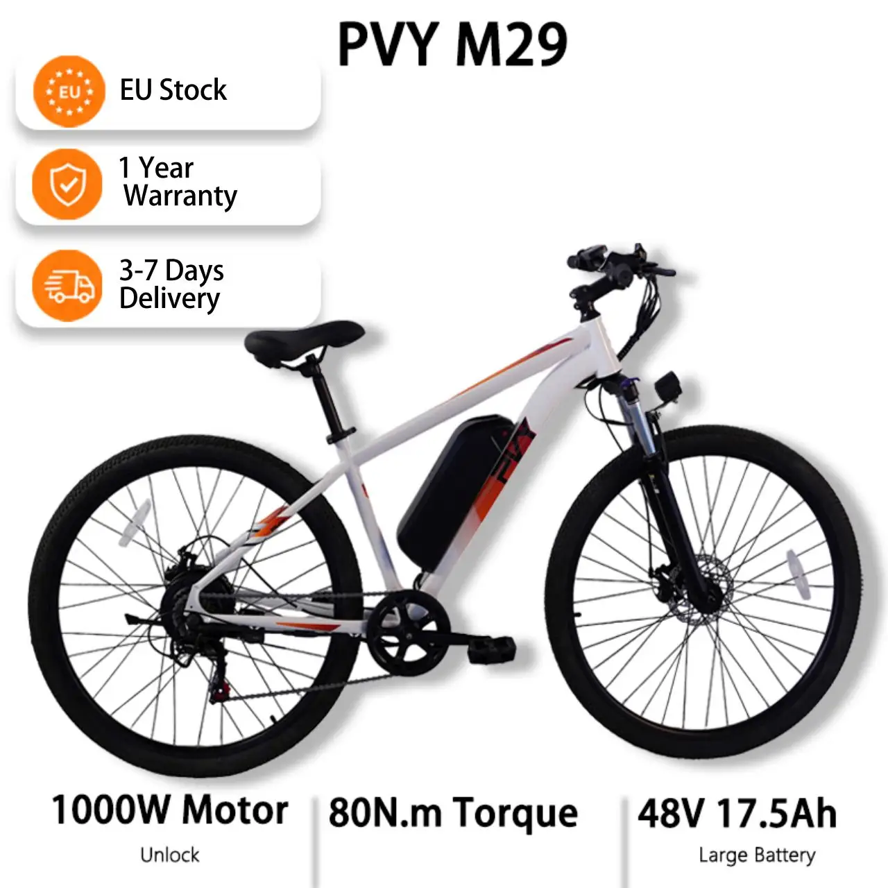 Vélo électrique de ville PVY M29 avec pneus de 29 pouces, moteur 1000W, batterie 48V 17.5AH, autonomie de 120 km, application intelligente, vélo électrique pour adultes, couple de 80 N.m