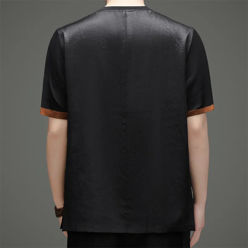 Gambiered Guangdong Silk T Shirt For Men Short Sleeved Coolness Summer High-Quality Skin-Friendly Breathable Camisetas De Hombre