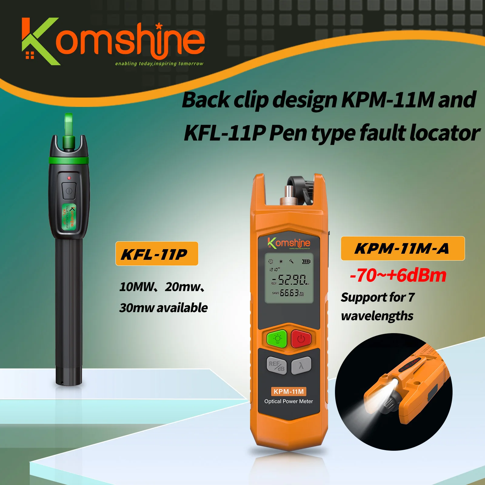 

Fiber Optic Mini Power Meter KPM-11M (-70~+6dB) With LED Light+Pen Type Visual Fault Locator KFL-11P 10/20/30mw