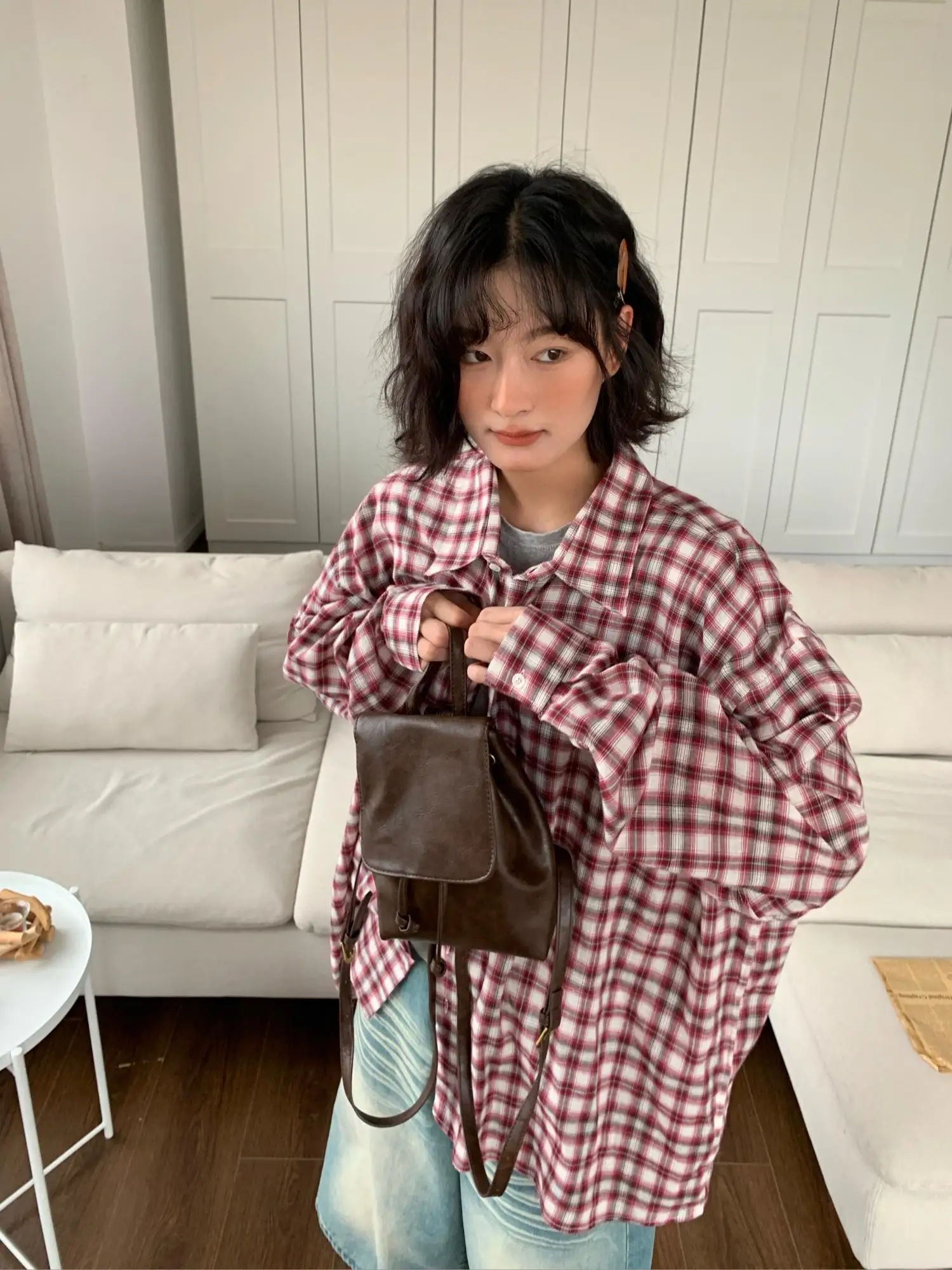 

American Retro Plaid Color Blo Loose High-End Long Sve irt Men's Casual Trendy Couple's irt Coat Faionable