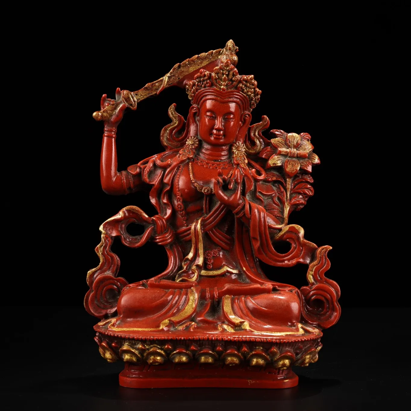 

9"Tibetan Temple Collection Old Natural Cinnabar Outline in gold Manjushri Buddha worship buddha Town house Exorcism