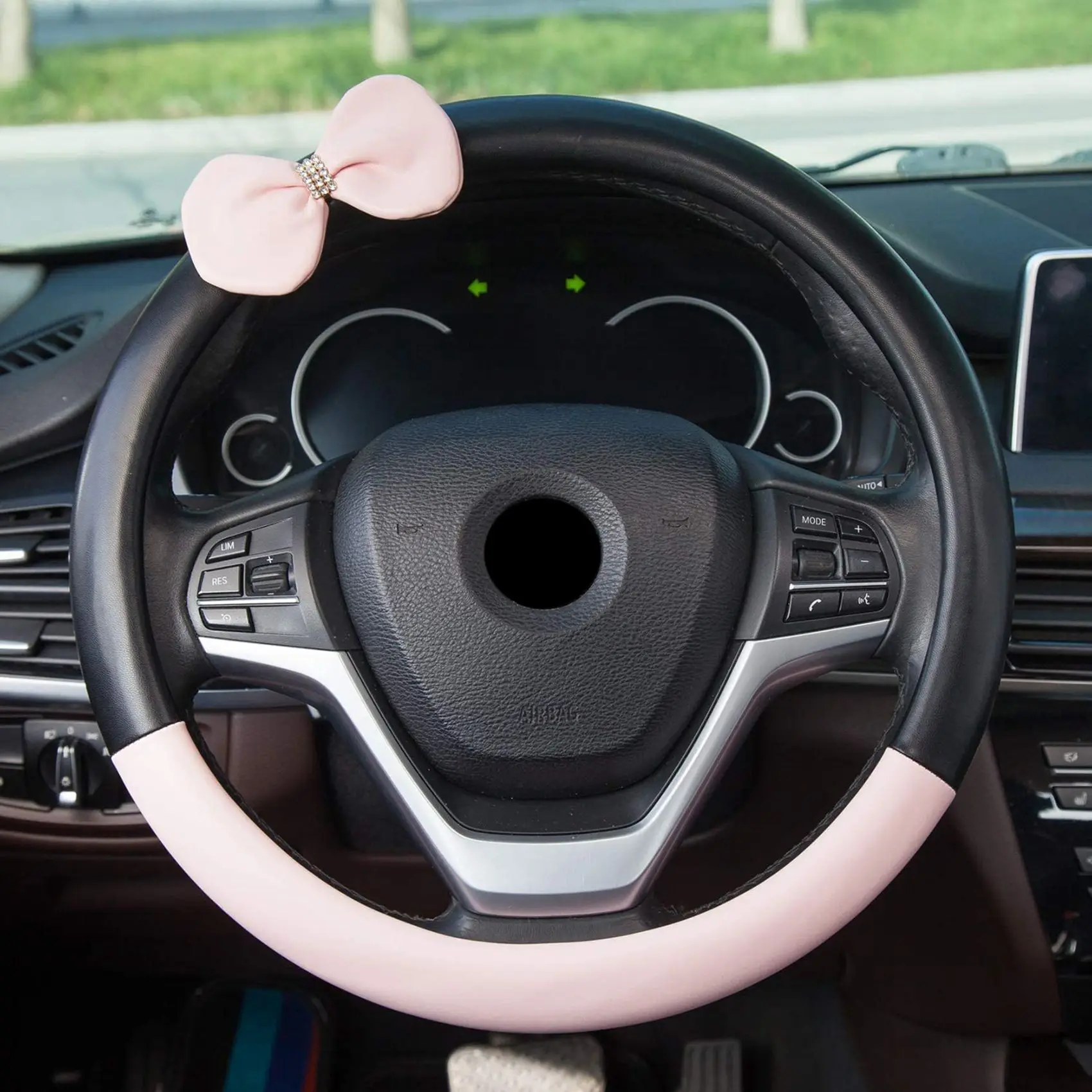 Universal Car Steering Wheel Cover Microfiber Leather Stitching Cute Bow-Knot Steering Handle Cover for Girl and Woman A