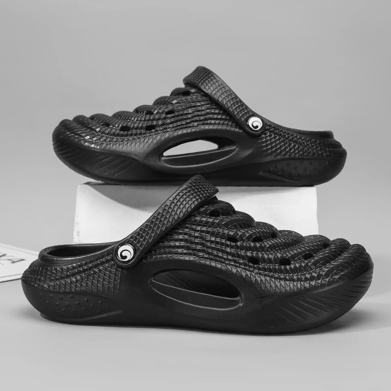 Men Summer Clogs Wavy Texture Breathable Hollow Out Garden Shoes Lightweight Slip On Sandals Korean Style Footwear